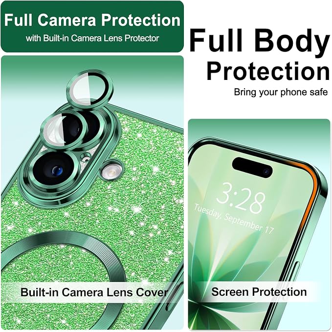 Hython for iPhone 17 Case Glitter Clear Magnetic Phone Cases [Compatible with MagSafe] Full Camera Lens Protector Sparkle Luxury Plating Slim Shockproof Protective Cover Women, Green