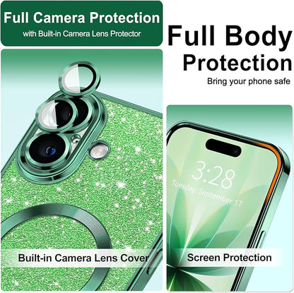 Hython for iPhone 17 Case Glitter Clear Magnetic Phone Cases [Compatible with MagSafe] Full Camera Lens Protector Sparkle Luxury Plating Slim Shockproof Protective Cover Women, Green
