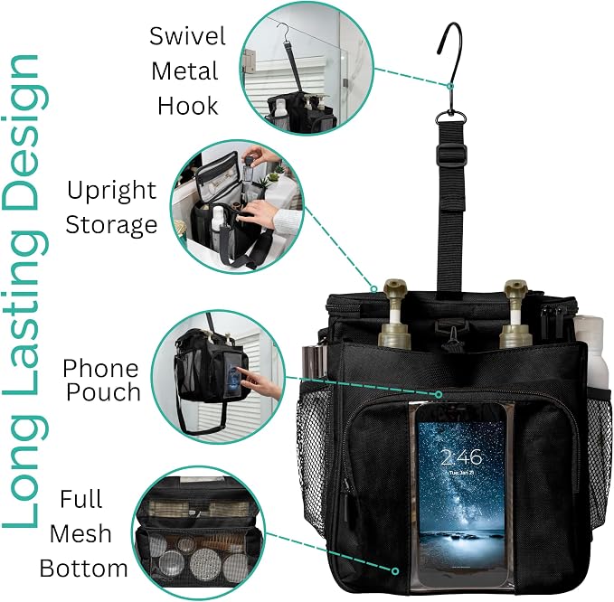 TERRA HOME Portable XL Shower Caddy Bag - College Dorm Room Essentials for Men, Women, Students - Foldable, Water Resistant with Hanging Keychain Hook and Shoulder Strap Shower Organizer Bag (Black)