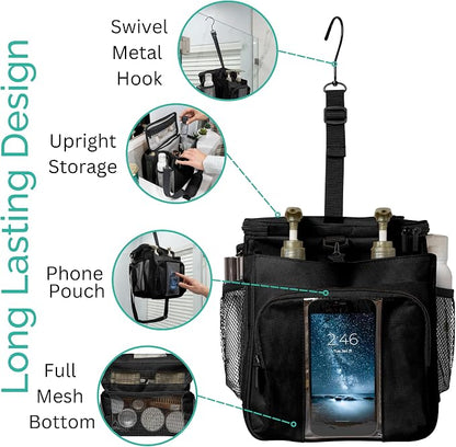 TERRA HOME Portable XL Shower Caddy Bag - College Dorm Room Essentials for Men, Women, Students - Foldable, Water Resistant with Hanging Keychain Hook and Shoulder Strap Shower Organizer Bag (Black)