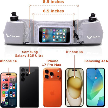 No.1 Hydration Belt by Runtasty - Premium Running Fuel Belt w/2 BPA-Free 10 oz Water Bottles, Tilt-Up Pocket w/Touchscreen-Ready Cover - Fits All iPhones, Runners Ebook & No-Bounce Design