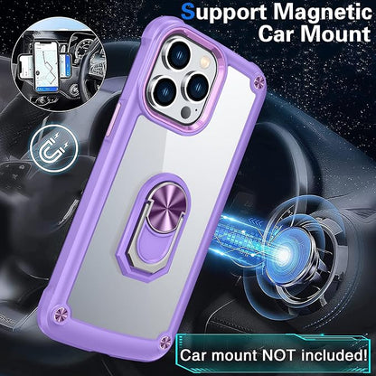 GOLDJU 4 in 1 for iPhone 14 Pro Max Case, Heavy Duty Protective Case with [360°Rotatable Magnetic Stand]& [2P 9H Tempered Glass Screen Protector]& [1P Camera Lens] Clear Hard Back 6.7’’ 2022(Violet)