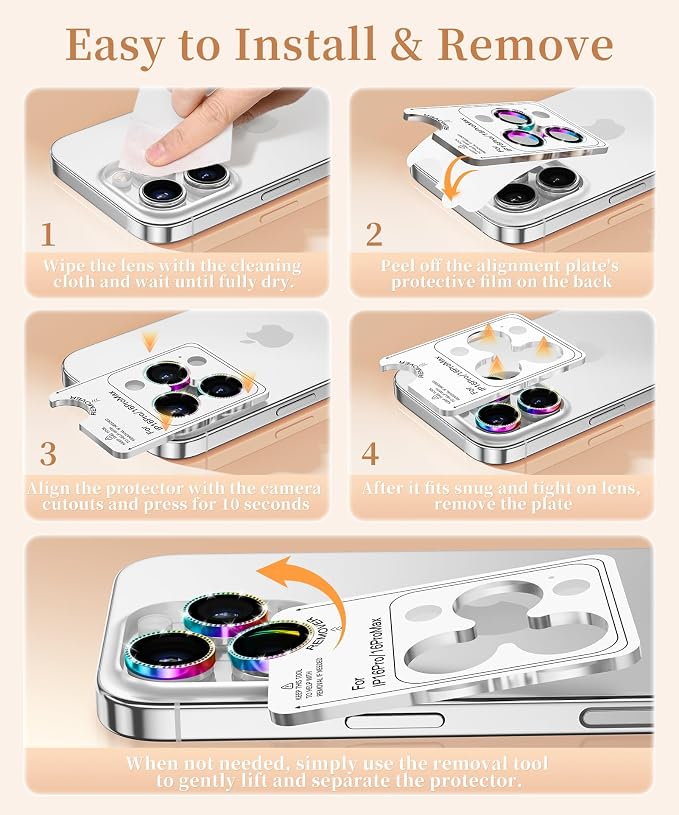 GolbinBox Camera Lens Protector for iPhone 17 Pro Max/17 Pro/16 Pro Max/16 Pro, 1:1 Invisible Fit, 9H Tempered Glass Ultra HD Metal Individual Camera Cover for Women, Case Friendly, Bling/Colorful