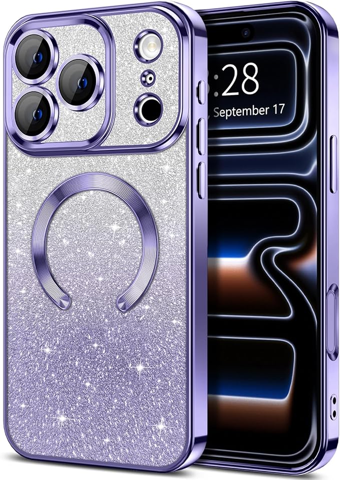 Hython for iPhone 17 Pro Max Case Glitter Clear Magnetic Phone Cases [Compatible with MagSafe] Full Camera Lens Protector Sparkle Luxury Plating Slim Shockproof Protective Cover, Gradient Light Purple