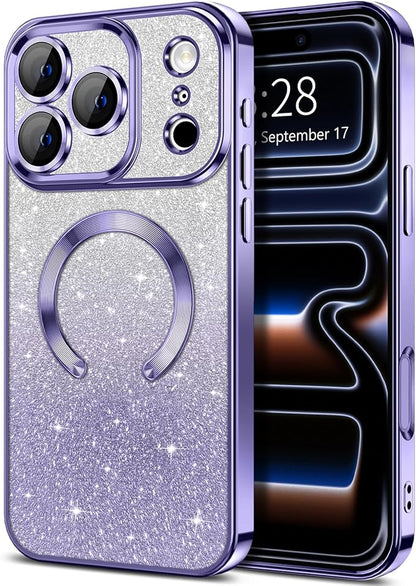 Hython for iPhone 17 Pro Max Case Glitter Clear Magnetic Phone Cases [Compatible with MagSafe] Full Camera Lens Protector Sparkle Luxury Plating Slim Shockproof Protective Cover, Gradient Light Purple