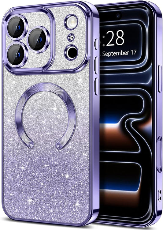 Hython for iPhone 17 Pro Max Case Glitter Clear Magnetic Phone Cases [Compatible with MagSafe] Full Camera Lens Protector Sparkle Luxury Plating Slim Shockproof Protective Cover, Gradient Light Purple