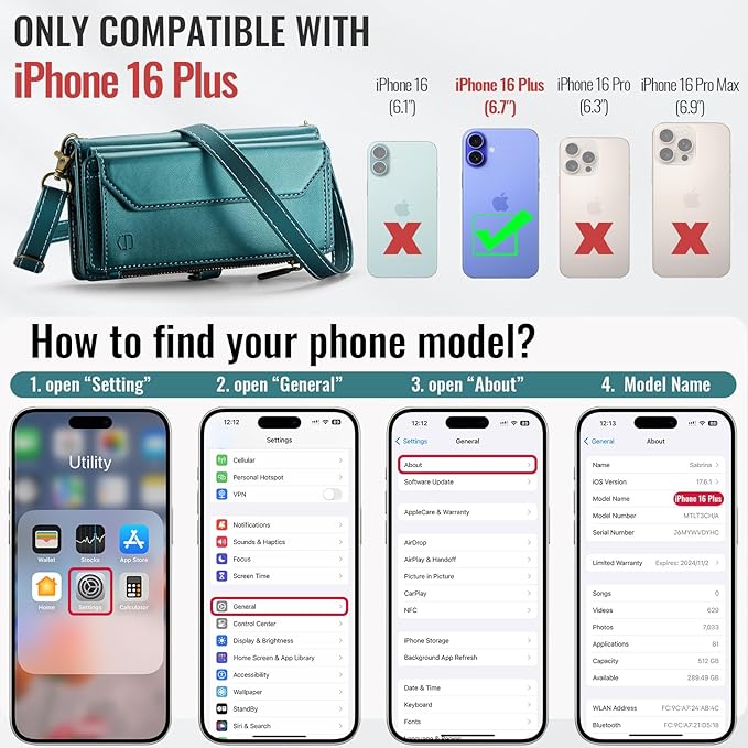 Strapurs Wallet Case Compatible with iPhone 16 Plus 6.7" RFID Blocking 10-Card Holder Soft PU Leather Magnetic Snap Shoulder Strap Zipper Pocket Phone Case Fit for iPhone 16 Plus - Bluegreen