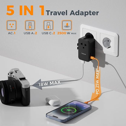 TESSAN International Power Adapter PD 25W, Black | Ultra Thin Universal Travel Adapter, 2 USB A 2 USB C, US to European UK Australia Ireland, Type C G A I