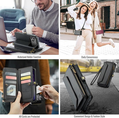 Strapurs Wallet Case Compatible with iPhone 17 Pro 6.3" RFID Blocking 9-Card Holder Soft PU Leather Magnetic Snap Shoulder Strap Zipper Pocket Phone Case Fit for iPhone 17 Pro for Women - Black