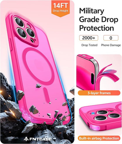 FNTCASE for iPhone 14 Pro Max Case: [Compatible with Magsafe] Translucent Matte Cases with [Full Camera Protection] [Screen Protector] Military Grade Shockproof Protective Phone Cover - Hot Pink