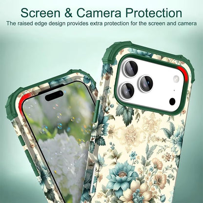 Hocase for iPhone 17 Pro Max Case, Heavy Duty Shockproof Protection Soft Silicone Rubber+Hard Plastic Bumpers Hybrid Protective Case for iPhone 17 Pro Max 2025 - Teal Blue Flowers