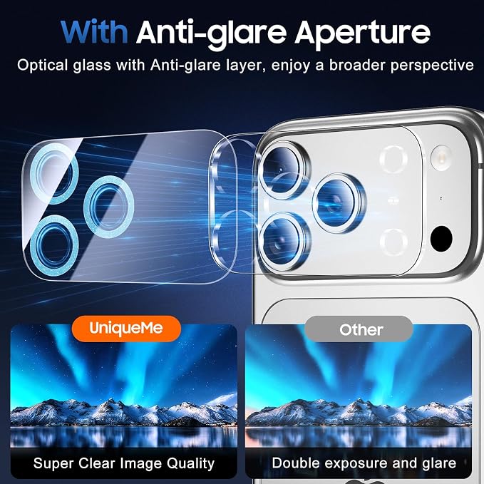 UniqueMe Compatible for 3 Pack iPhone 17 Pro Camera Lens Protector - [Drop Protection] [Case Friendly] 9H Tempered Glass Camera Cover Screen [Update New Version] - Glitter Blue