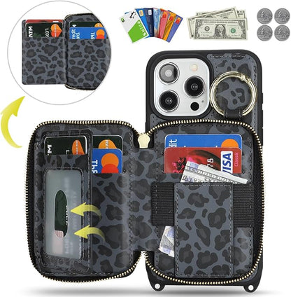 Crossbody Wallet Case for iPhone 14 Pro Max, PU Leather Zipper Handbag Purse Flip Cover, Kickstand Folio Case with Card Slots Holder Wrist Strap Lanyard 5G 6.7 Inch-Black Leopard