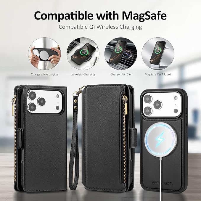 Antsturdy Compatible with Magsafe Magnetic 2 in 1 Detachable iPhone 17 Pro Wallet Case with Credit Card Holder Slots,PU Leather RFID Blocking Phone Cover Wrist Strap Zipper Women Men,Black