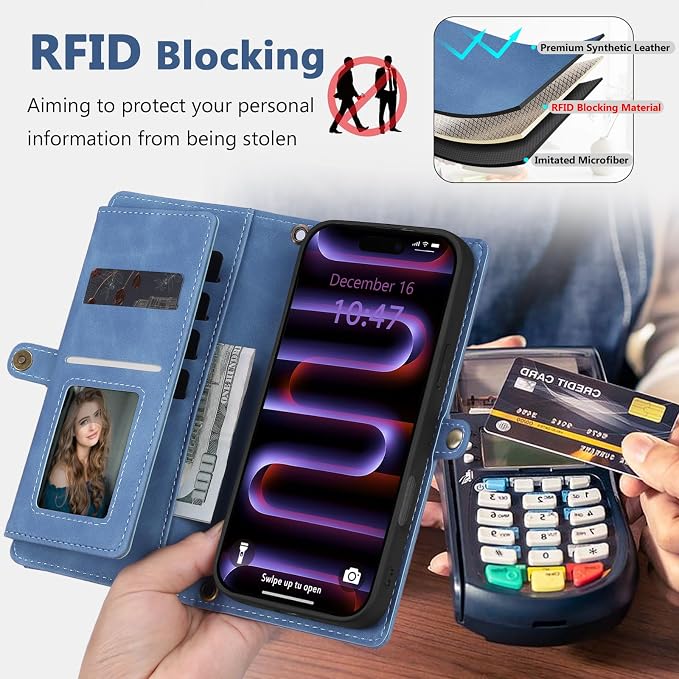 Wallet Case for iPhone 16 Pro Max with Card Holder/Crossbody Wallet/Strap| RFID Blocking | Magnetic | Kickstand | Detachable | PU Leather Phone Case for iPhone 16 Pro Max,6.9 in,Sky Blue