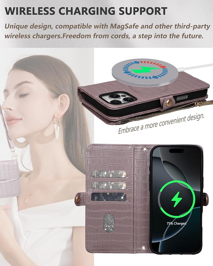 Crossbody Wallet Case for iPhone 16 Pro Max with Mirror, Wrist Strap, Zipper Purse Magnetic Flip RFID Blocking Card Holder, Wireless Charging, PU Leather Shockproof 6.9" Women (Rose Gold)