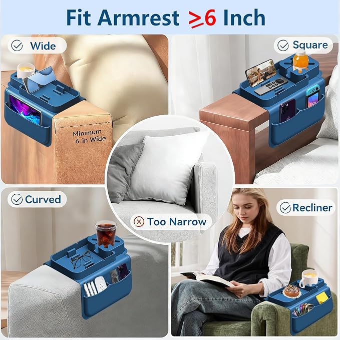 Silicone Couch Cup Holder for Tablet & Phone Stand, Sofa Arm Tray Organizer with Dual Side Pockets for Remotes Snacks Headphones & Glasses Drinks Anti-Slip & Heat Resistant Sofa Caddy (Blue)