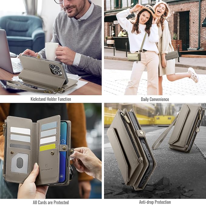 Strapurs Wallet Case Compatible with iPhone 16 Pro Max 6.9" RFID Blocking 10-Card Holder Soft PU Leather Magnetic Snap Shoulder Strap Zipper Pocket Phone Case Fit for iPhone 16 Pro Max - Grey