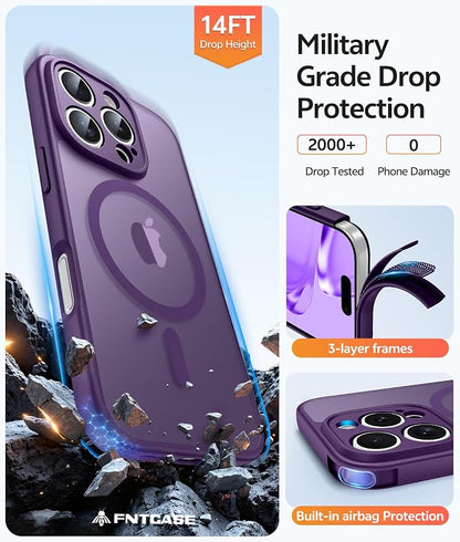 FNTCASE for iPhone 16 Pro Case: [Compatible with Magsafe] Translucent Matte Cases with [Full Camera Protection] [Screen Protector] Military Grade Shockproof Protective Phone Cover - Purple