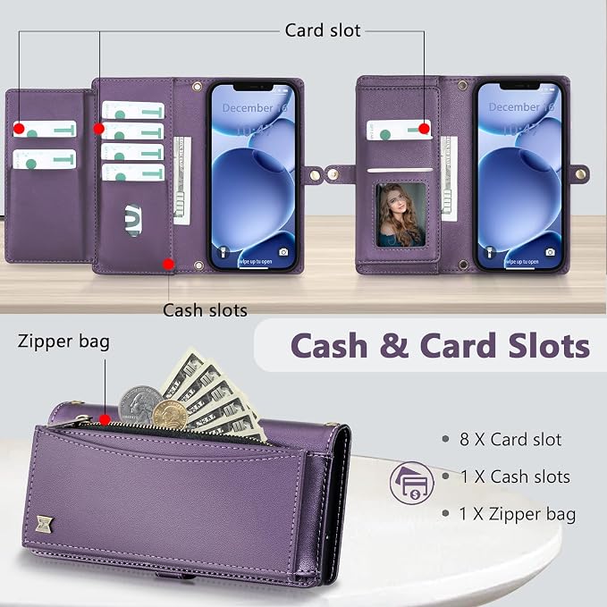 Wallet Case for iPhone 12 Pro Max with Card Holder/Crossbody Wallet/Strap| RFID Blocking | Magnetic | Kickstand | Detachable | PU Leather Phone Case for iPhone 12 Pro Max,6.7 in,Purple
