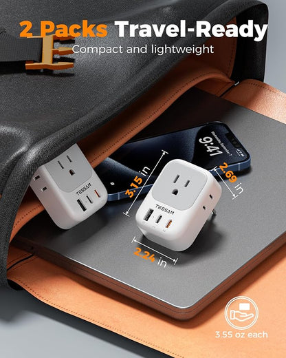 TESSAN Italy Travel Plug Adapter 2 Pack Type L | 4 Outlets, 2 USB C (1 with 20W PD), 1 USB A, For US to Italian Chile Rome Uruguay Milan Libya