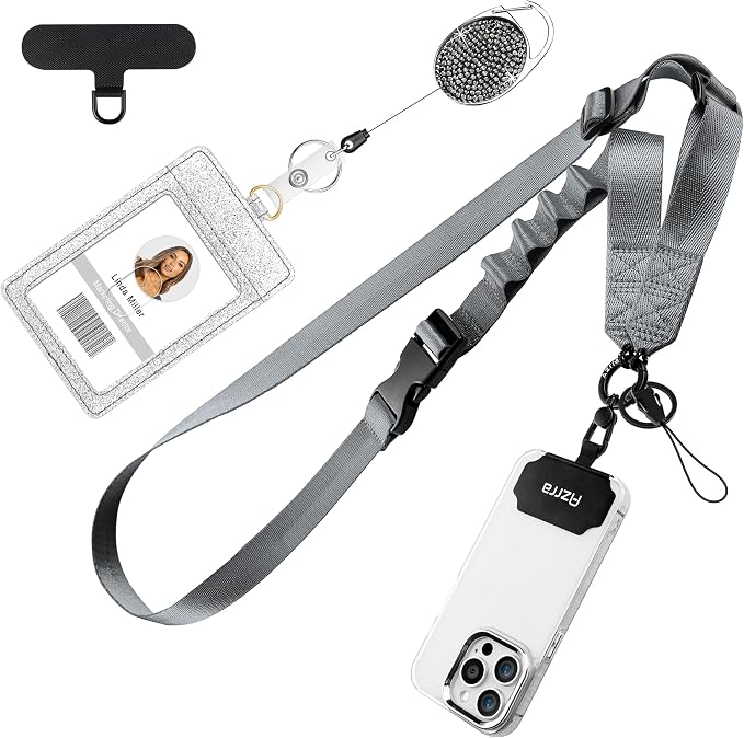 Azrra Adjustable Crossbody Cell Phone Lanyard for iPhone with Phone Tethers & Retractable ID Badge Card Holder (Grey)