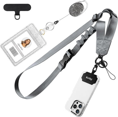 Azrra Adjustable Crossbody Cell Phone Lanyard for iPhone with Phone Tethers & Retractable ID Badge Card Holder (Grey)
