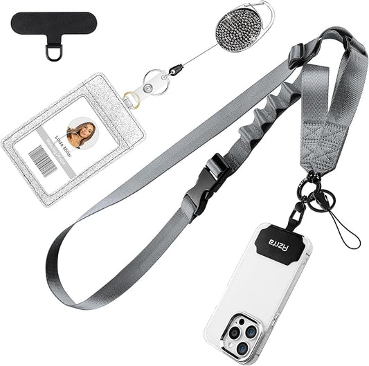 Azrra Adjustable Crossbody Cell Phone Lanyard for iPhone with Phone Tethers & Retractable ID Badge Card Holder (Grey)