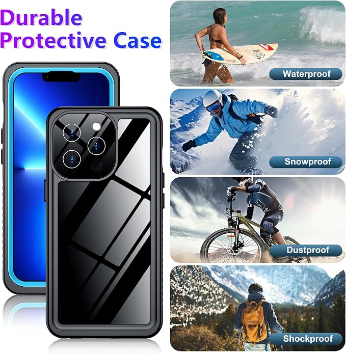 Temdan Compatible with iPhone 13 Pro Max Case Waterproof, Built-in Screen & Camera Protector IP68 Underwater Full Body 13FT Military Dropproof Shockproof Phone Case 6.7"-Blue/Clear