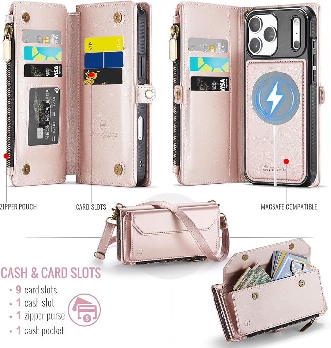 Strapurs for iPhone 17 Pro Detachable Wallet Case Compatible with Magsafe, RFID Blocking 9-Card Holder Zipper Wrist Strap Lanyard PU Leather Magnetic Phone Case for iPhone 17 Pro 6.3", Rose Gold