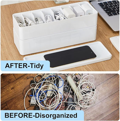 Tatuo 1 Pcs Cord Organizer for Drawer Desktop, Cable Organizer Box with 8 Compartments and Wire Ties, Plastic Charger Storage with Lid, Electronics Case for Home Office Accessories (Small,White)