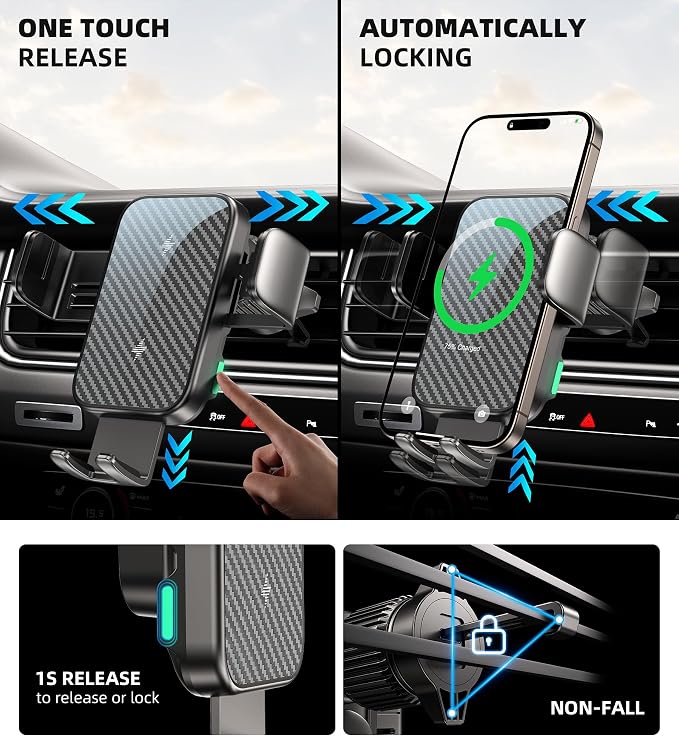 Dual Coil 15W Cup Phone Holder Mount,Wireless Car Charger Auto-Clamping Fast Charging Vent Phone Holders for Your Car for iPhone 17/17Pro/17Pro Max/16/15/14/13,Samsung Flip S25 S24 S23 S22 Ultra