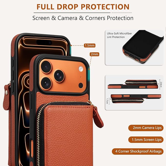 Keallce Wallet Case for iPhone 17 Pro Max 6.9 Inch, Genuine Leather Zipper Purse with Crossbody Strap, 4 Card Slots & RFID Blocking, Kickstand Flip Cover Shockproof for Women, Orange