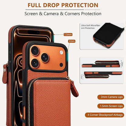 Keallce Wallet Case for iPhone 17 Pro Max 6.9 Inch, Genuine Leather Zipper Purse with Crossbody Strap, 4 Card Slots & RFID Blocking, Kickstand Flip Cover Shockproof for Women, Orange