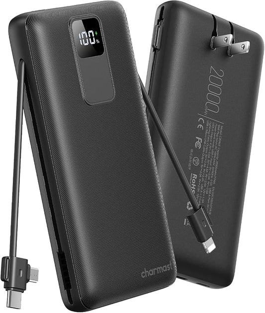 charmast Portable Charger 20000mAh with Wall Plug, Fast Charging Power Bank USB C, 20W PD Battery Pack with Built-in Cables Travel Essential for iPhone 16/15/14, Samsung, iPad More Devices (Black)