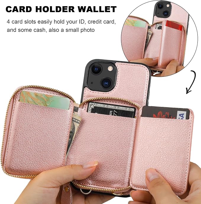 Bocasal RFID Blocking Wallet Case for iPhone 14 iPhone 13, Adjustable Crossbody Zipper Purse Case Card Holder with Kickstand Detachable Wrist Strap, PU Leather Flip Folio Case 6.1 Inch 5G (Rose Gold)
