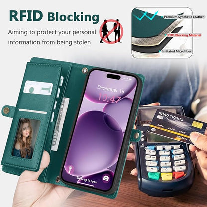 Wallet Case for iPhone 16 Plus with Card Holder/Crossbody Wallet/Strap| RFID Blocking | Magnetic | Kickstand | Detachable | PU Leather Phone Case for iPhone 16 Plus,6.7 in,Green