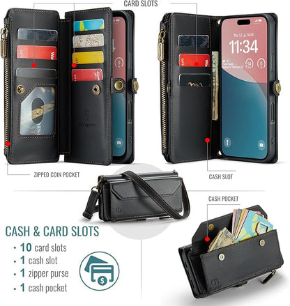 Strapurs Wallet Case Compatible with iPhone 16 Plus 6.7" RFID Blocking 10-Card Holder Soft PU Leather Magnetic Snap Shoulder Strap Zipper Pocket Phone Case Fit for iPhone 16 Plus - Black