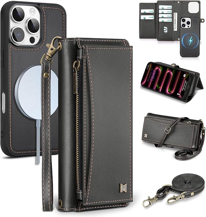Wallet Case for iPhone 16 Pro with Card Holder/Crossbody Wallet/Strap| RFID Blocking | Magnetic | Kickstand | Detachable | PU Leather Phone Case for iPhone 16 Pro,6.3 in,Black
