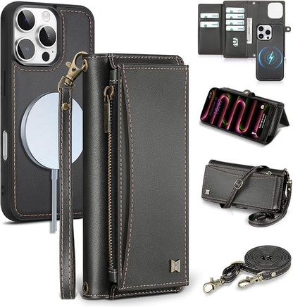 Wallet Case for iPhone 16 Pro with Card Holder/Crossbody Wallet/Strap| RFID Blocking | Magnetic | Kickstand | Detachable | PU Leather Phone Case for iPhone 16 Pro,6.3 in,Black