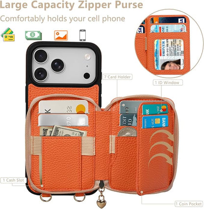 Keallce Case for iPhone 17 Pro Max 6.9'' Case Wallet, Crossbody Zipper Purse with RFID Blocking Card Slots Kickstand, Lanyard & Handstrap Flip Folio Leather Phone Cover for iPhone 17 Pro Max, Orange