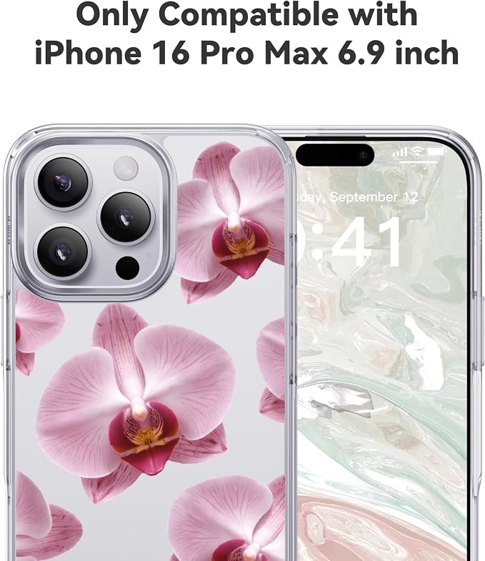 CASEKOO Pink Phalaenopsis for iPhone 16 Pro Max Case, [Never Yellow Technology] [12FT Military-Grade Protection] Transparent Slim Floral Cover Gril Women 16 Pro Max Case 6.9 inch, Pink Phalaenopsis