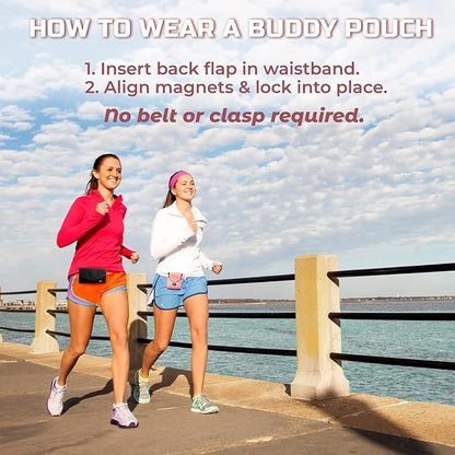 Running Buddy Magnetic Fanny Pack - Water-Resistant Belt Bag - Secure Magnetic Closure Waist Pack - Phone Belt Holder & Headphone Port - XL 6.8 x 4 in, Black/Pink