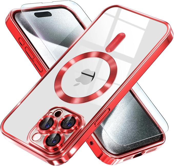 Misea Magnetic for iPhone 15 Pro Max Case with MagSafe [Never Yellowing] [Military Grade Drop Protection] Full Camera Lens Protector Plating Soft Clear Phone Case for Women Girls, Red
