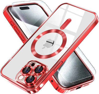 Misea Magnetic for iPhone 15 Pro Max Case with MagSafe [Never Yellowing] [Military Grade Drop Protection] Full Camera Lens Protector Plating Soft Clear Phone Case for Women Girls, Red