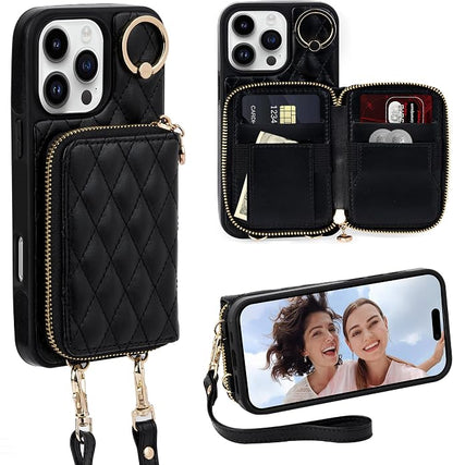 Keallce Case for iPhone 16 Pro Max 6.9'' Wallet Case, Crossbody Zipper Purse with Wristlet for Women, RFID Blocking Card Holders, 360° Ring Kickstand Flip Leather Cover for iPhone 16 Pro Max, Black