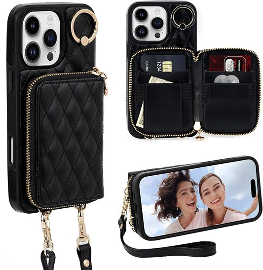 Keallce Case for iPhone 16 Pro Max 6.9'' Wallet Case, Crossbody Zipper Purse with Wristlet for Women, RFID Blocking Card Holders, 360° Ring Kickstand Flip Leather Cover for iPhone 16 Pro Max, Black