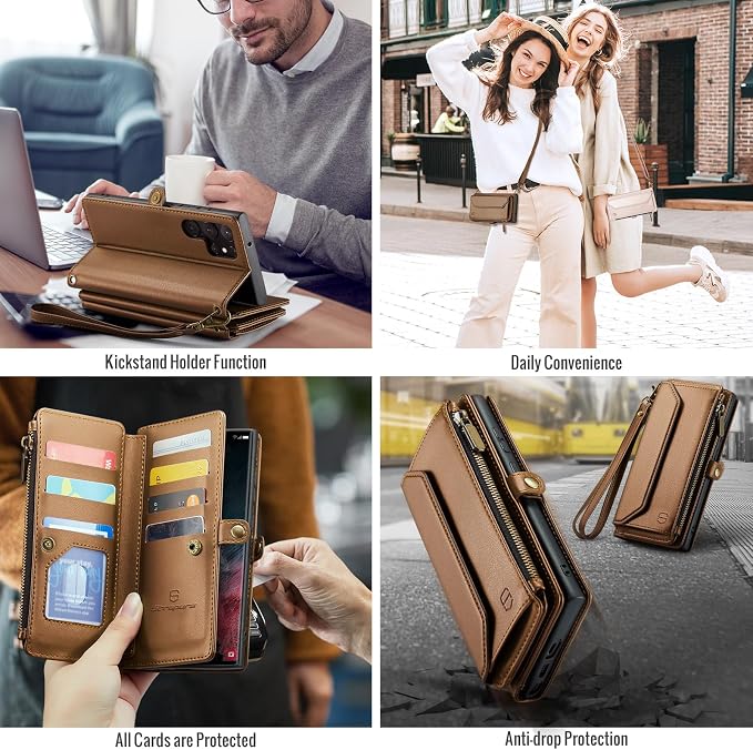 Strapurs Crossbody Wallet Case Compatible with Samsung Galaxy S22 Ultra 5G RFID Blocking 10-Card Holder Soft PU Leather Magnetic Snap Strap Zipper Pocket Phone Case Fit for Galaxy S22 Ultra - Brown