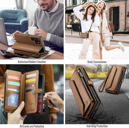 Strapurs Crossbody Wallet Case Compatible with Samsung Galaxy S22 Ultra 5G RFID Blocking 10-Card Holder Soft PU Leather Magnetic Snap Strap Zipper Pocket Phone Case Fit for Galaxy S22 Ultra - Brown