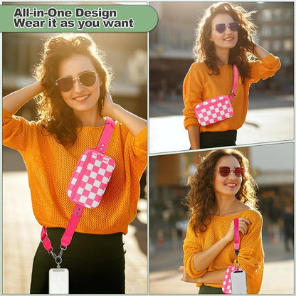 YFWE Clip and Go Strap for Phone with Wallet Crossbody, Adjustable Phone Lanyard with Detachable RFID Wristlet Wallet, Phone Strap with Phone Tabs for All Phones, Pink Checkered (M)